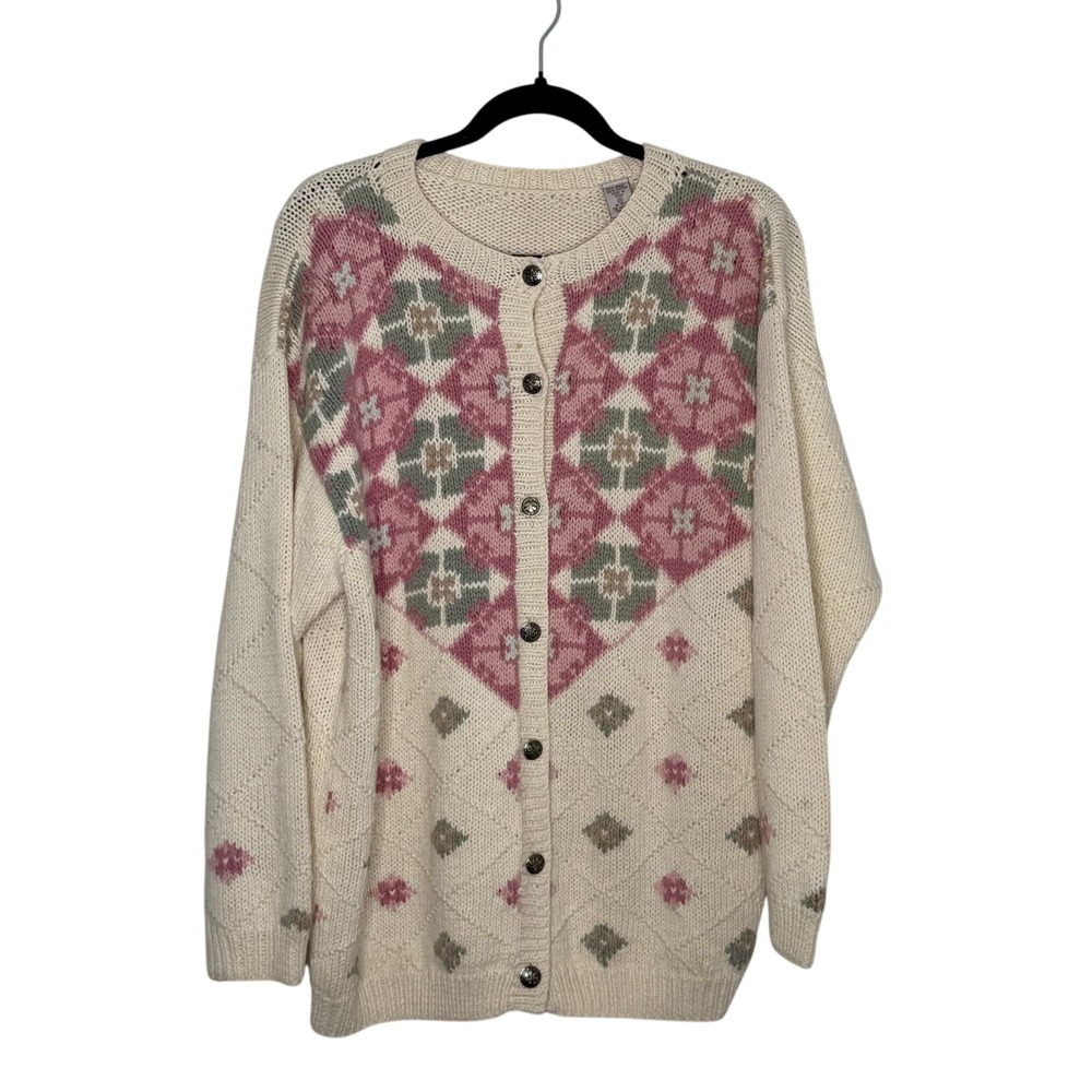 Vintage Womens 1X Knit Button Front Cardigan Sweater Floral Geometric Cream PinK